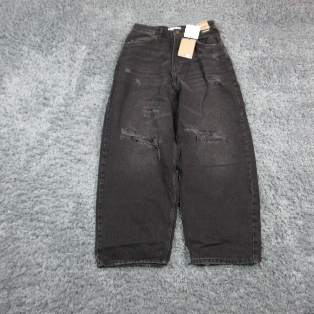 Pull&Bear Skater Fit Jeans Mens 28 Black Wide Leg Distressed Denim 28x26.5* NWT